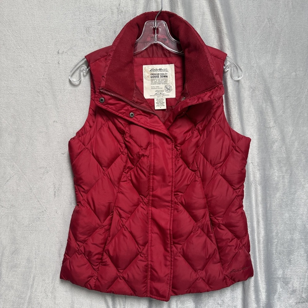 Eddieโ Bauer Vest Womens Small Red Goose Down Quilted Puffer Removable Zip Hood